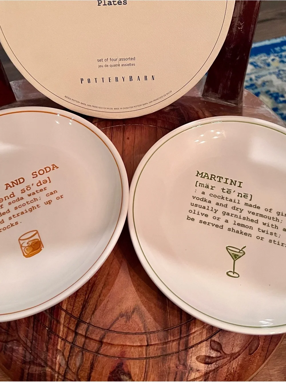 Pottery Barn Cream 'Cocktails Defined' Dessert Plates with Colored Rim Accents